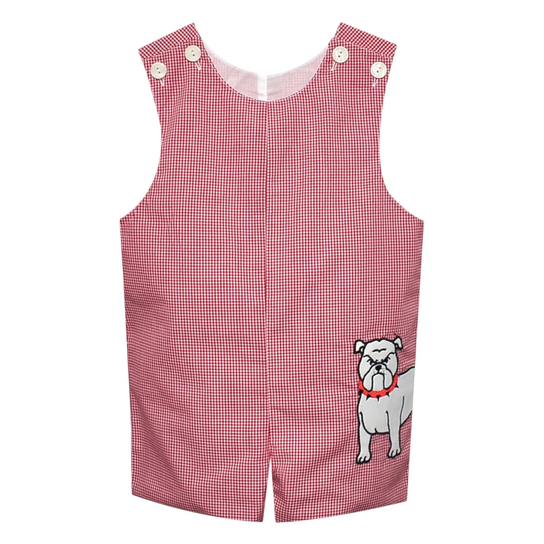 That Store red and black gingham boys jon jon with a white bulldog applique and button shoulder straps