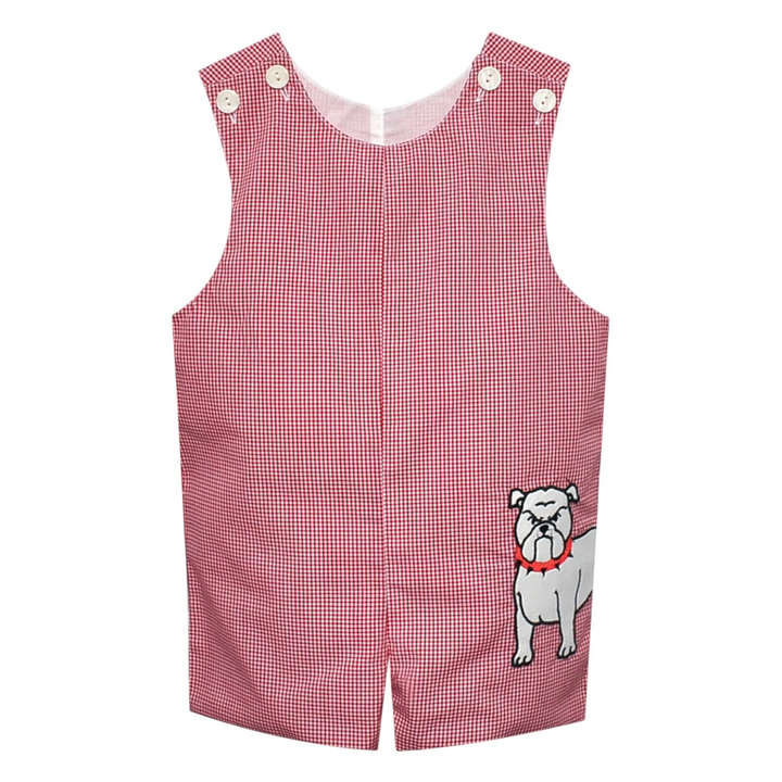 That Store red and black gingham boys jon jon with a white bulldog applique and button shoulder straps