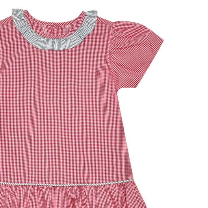 That Store red and black gingham dress with a ruffled collar and drop waist, made from a polyester cotton blend.