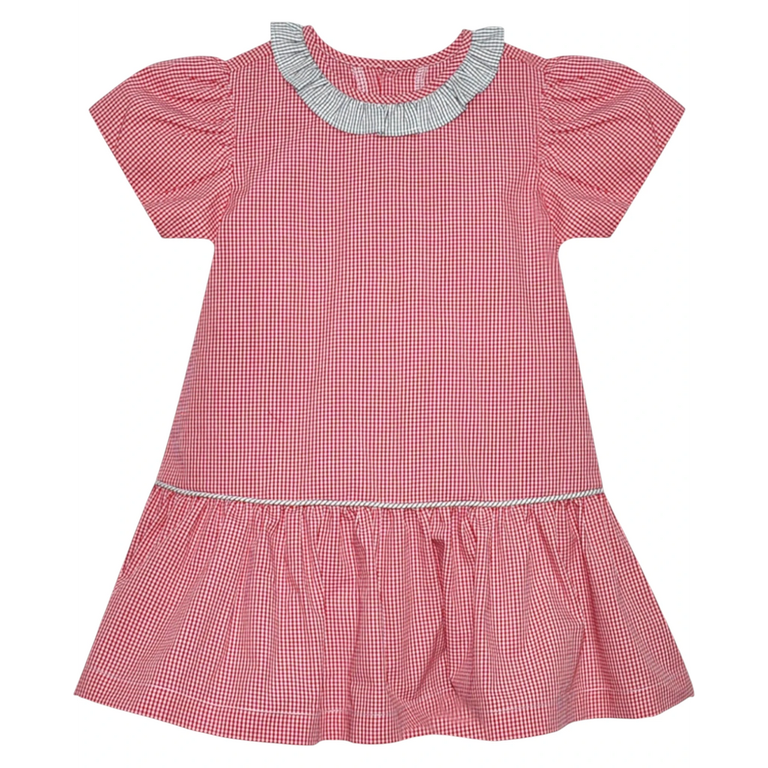 That Store red and black gingham ruffle drop waist dress with short sleeves and a peter pan collar.