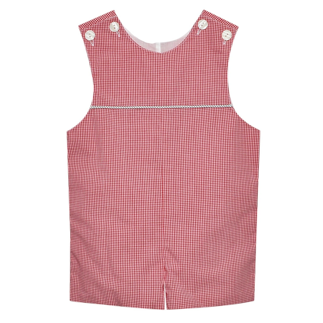 That Store red and black gingham boys shortall with white button shoulder straps and decorative piping detail.