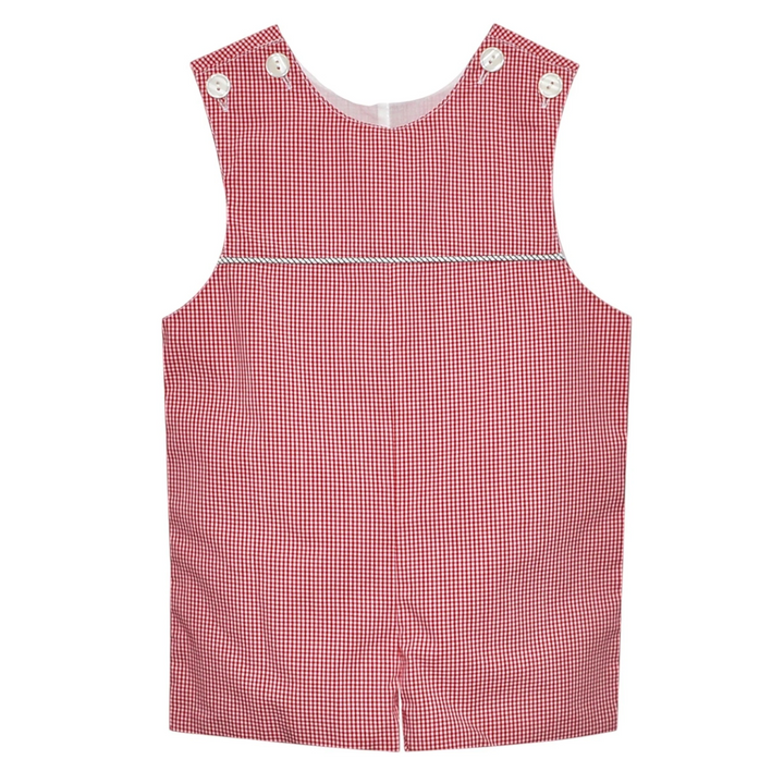 That Store red and black gingham boys shortall with white button shoulder straps and decorative piping detail.