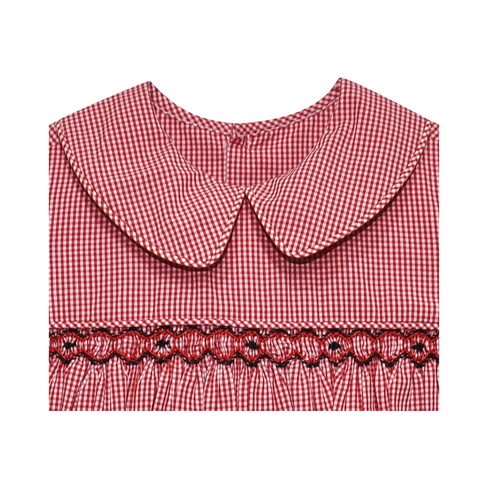 That Store red and black gingham smocked bubble with a peter pan collar and geometric embroidery detail