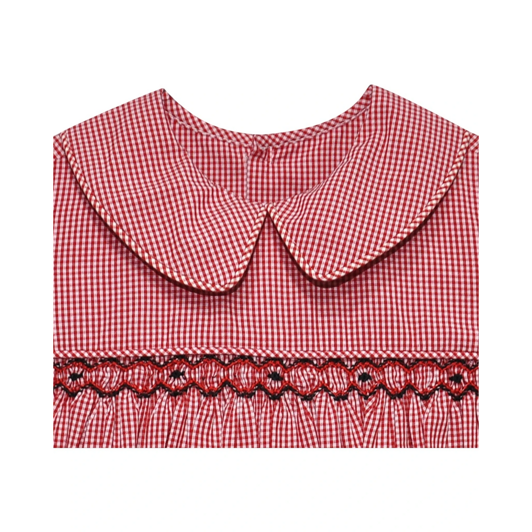 That Store red and black gingham smocked bubble with a peter pan collar and geometric embroidery detail