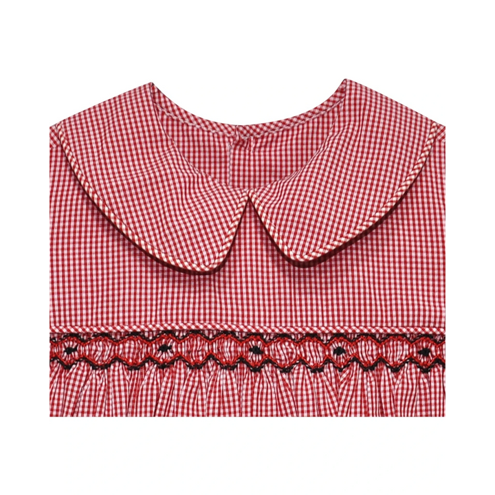 That Store red and black gingham smocked bubble with a peter pan collar and geometric embroidery detail