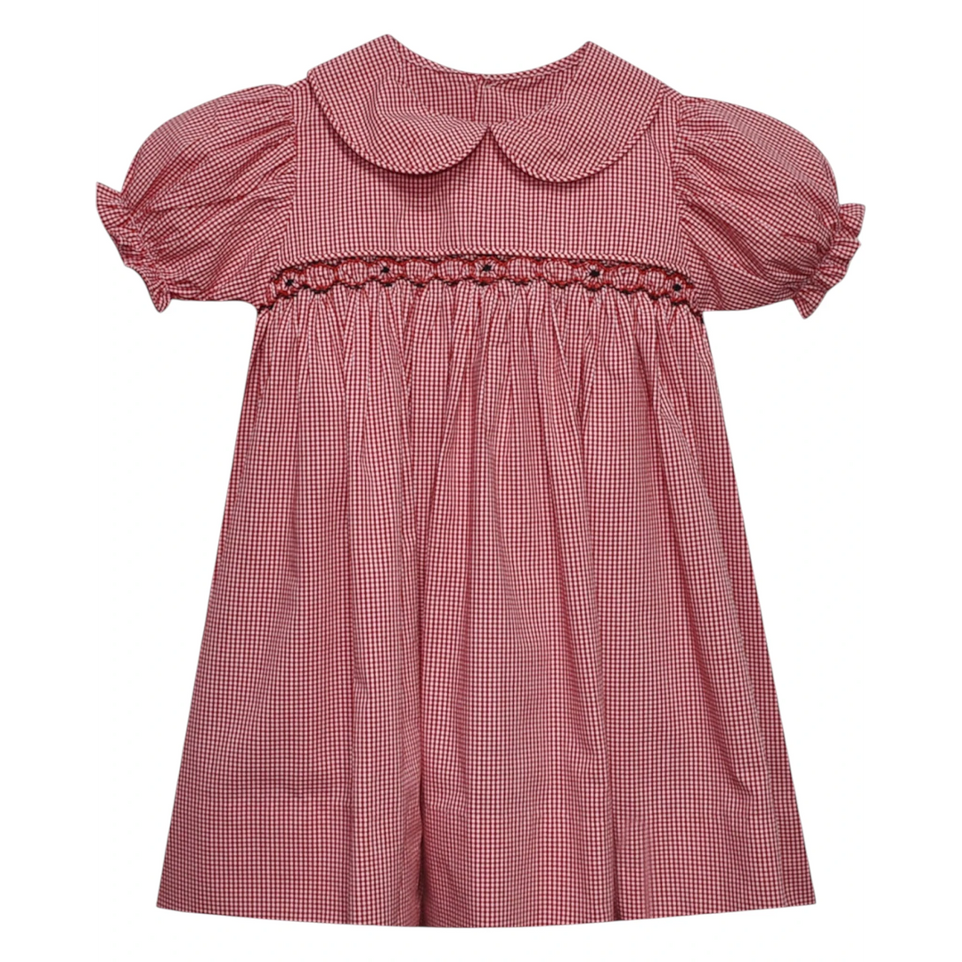 That Store red and black gingham smocked dress with a Peter Pan collar and puff sleeves for toddlers.