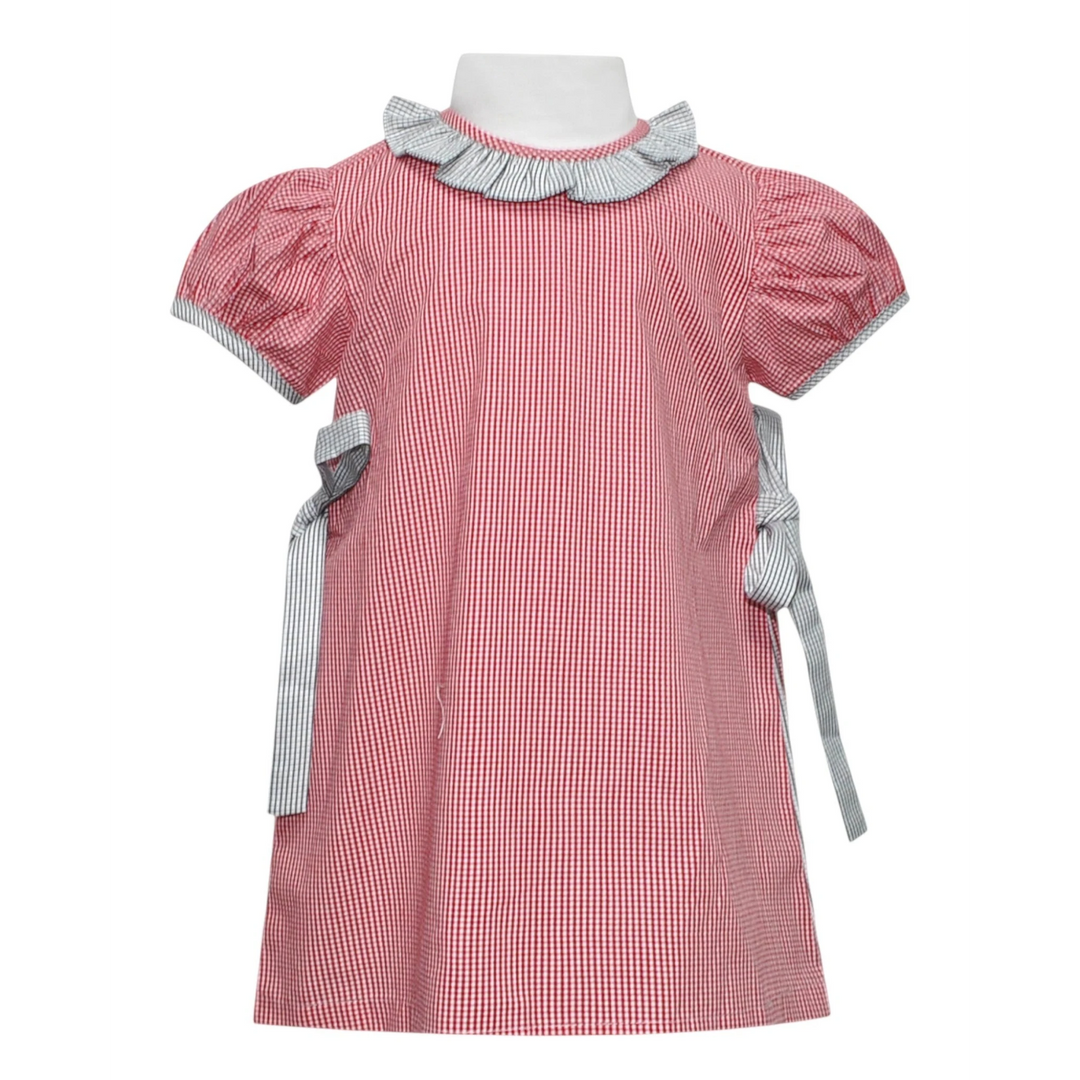 That Store red and black gingham dress with ruffled collar, puff sleeves, and side tie details in poly-cotton blend.