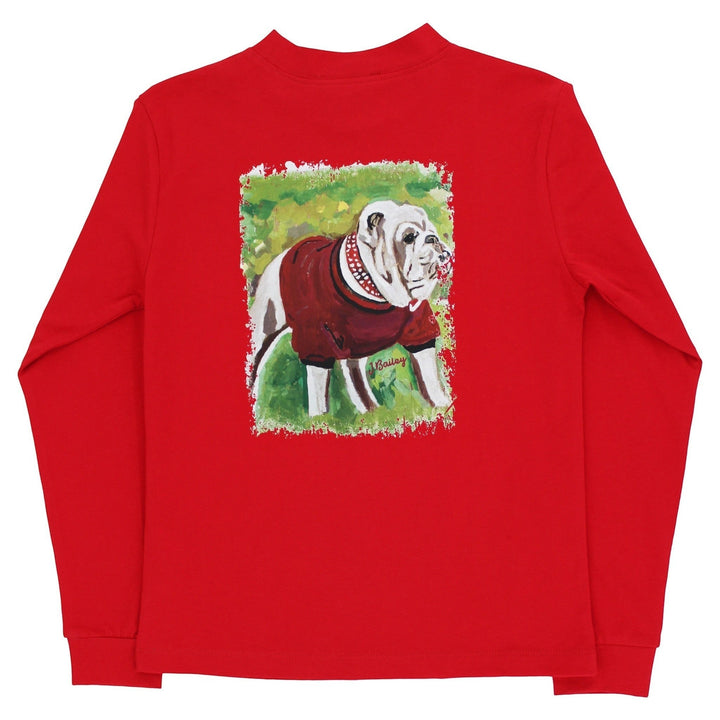 That Store red long sleeve cotton tee featuring a hand-painted bulldog graphic in a sweater on the back