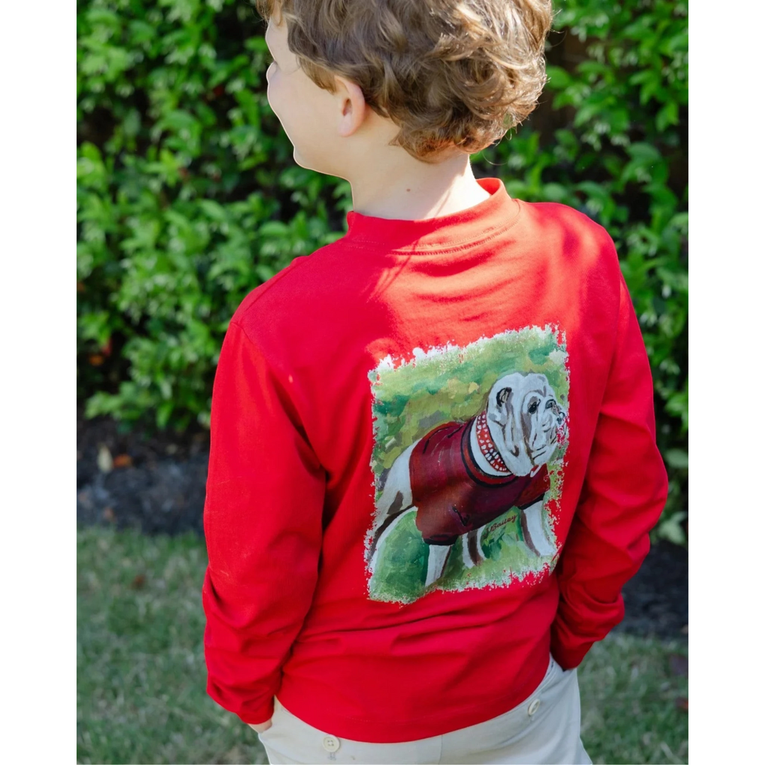 That Store red long sleeve cotton tee for boys featuring a hand-painted bulldog graphic on the back