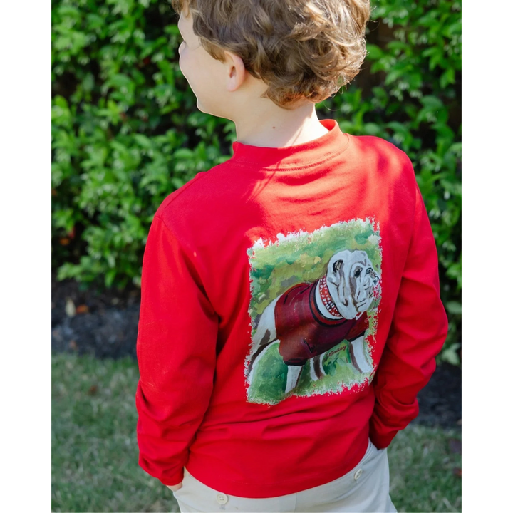 That Store red long sleeve cotton tee for boys featuring a hand-painted bulldog graphic on the back