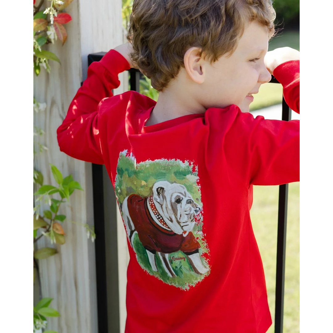 That Store red long sleeve cotton tee for boys featuring a hand-painted bulldog graphic on the back