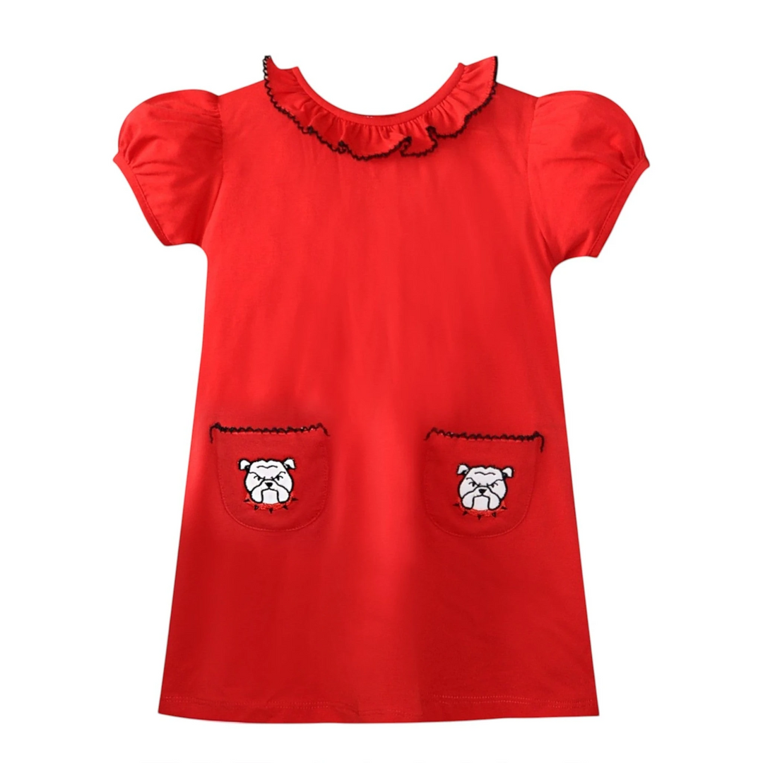 That Store red cotton knit dress with black ruffle collar and two pockets featuring embroidered bulldog faces