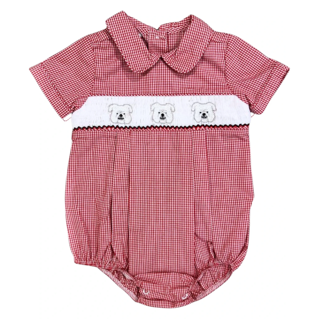 That Store baby boy bubble in red gingham check with smocked bulldog embroidery and a peter pan collar