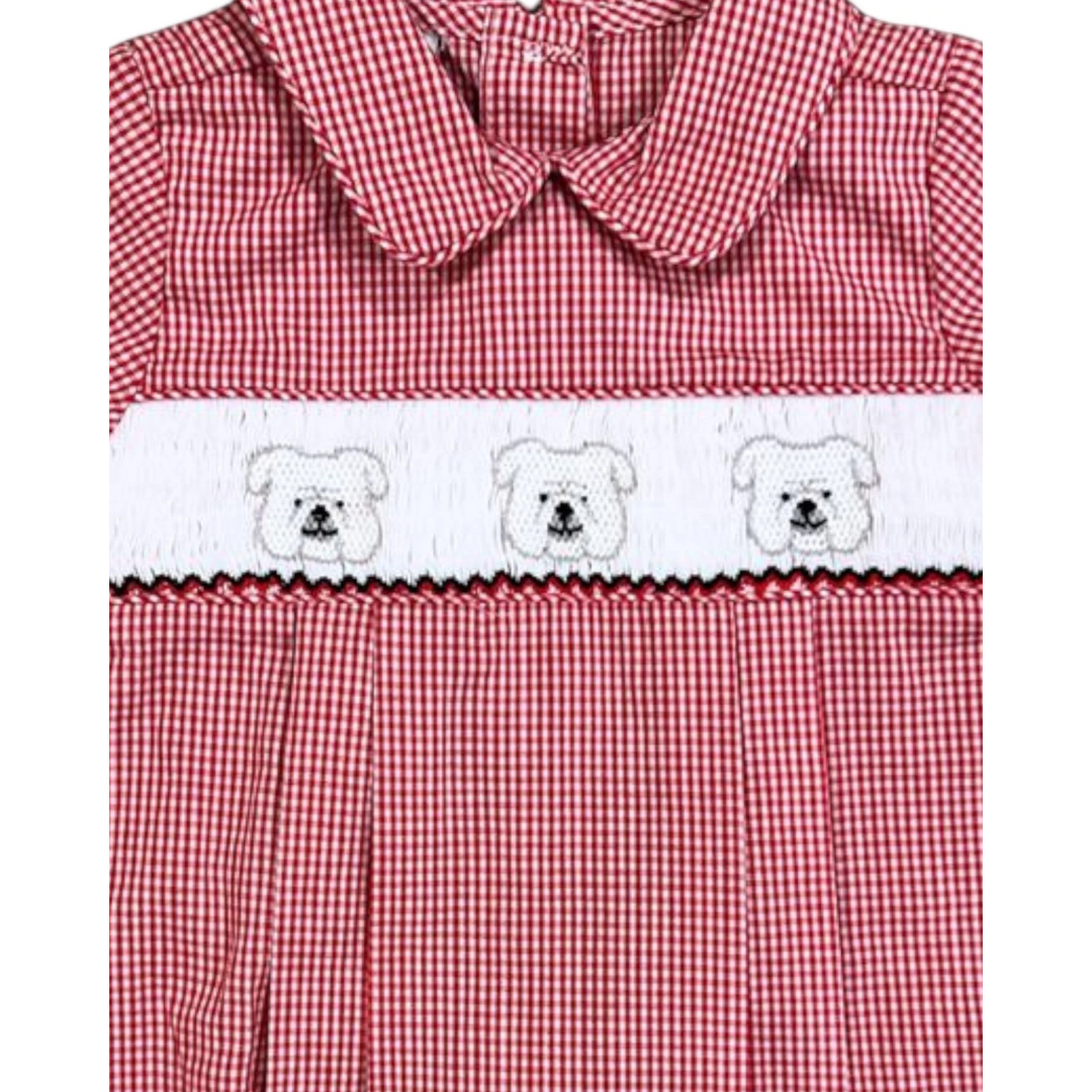 That Store red gingham check baby bubble with white smocked bulldog embroidery and a rounded collar