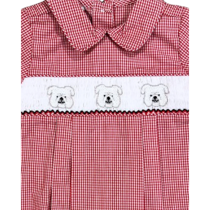 That Store red gingham check baby bubble with white smocked bulldog embroidery and a rounded collar