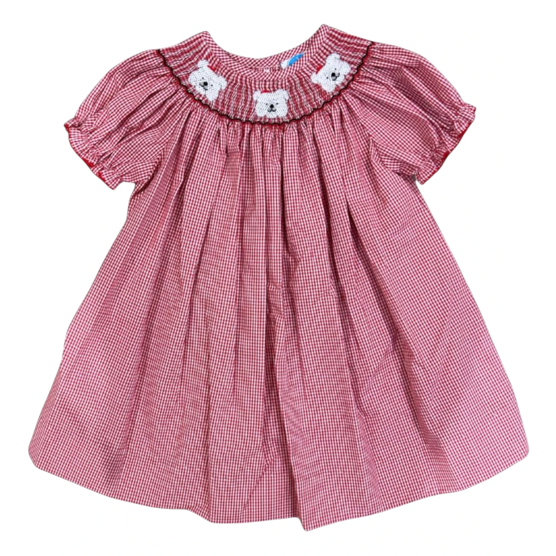 That Store red gingham bishop dress for girls featuring three smocked bulldog designs on the neckline