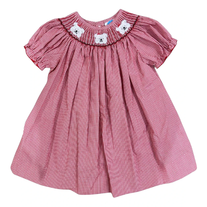 That Store red gingham bishop dress for girls featuring three smocked bulldog designs on the neckline