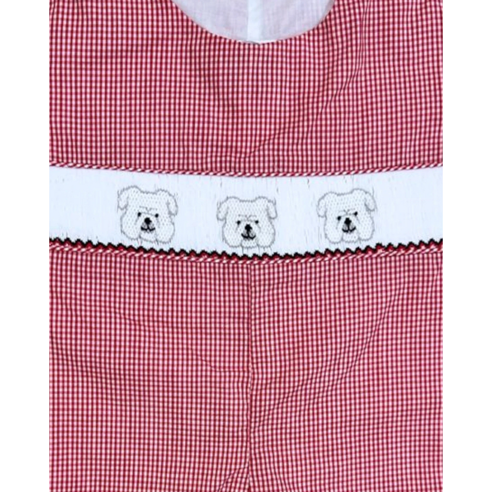 That Store boys jon jon in red gingham check featuring a white smocked panel with embroidered bulldog faces