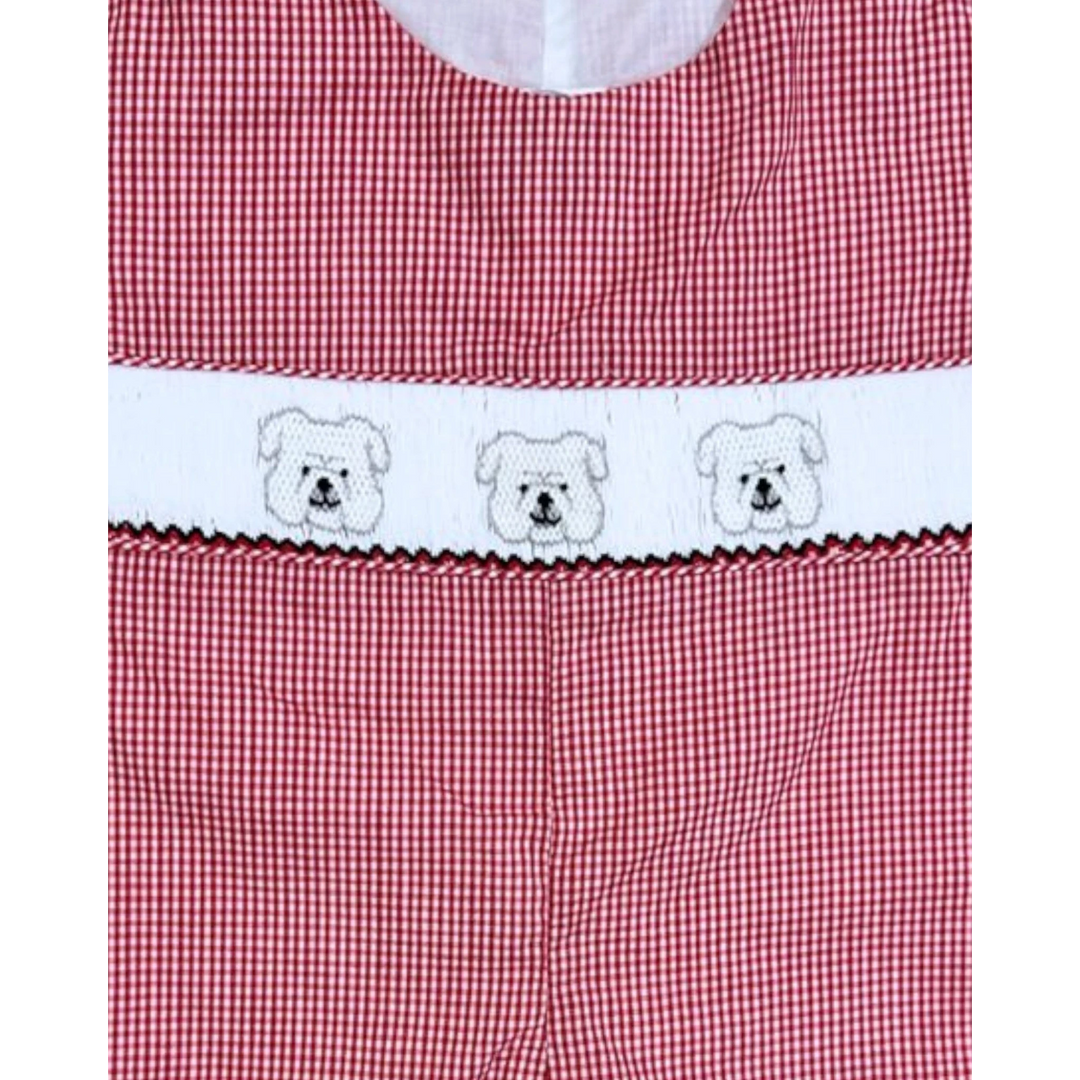 That Store boys jon jon in red gingham check featuring a white smocked panel with embroidered bulldog faces