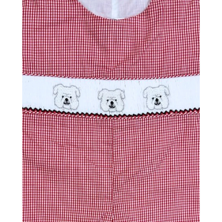 That Store boys jon jon in red gingham check featuring a white smocked panel with embroidered bulldog faces