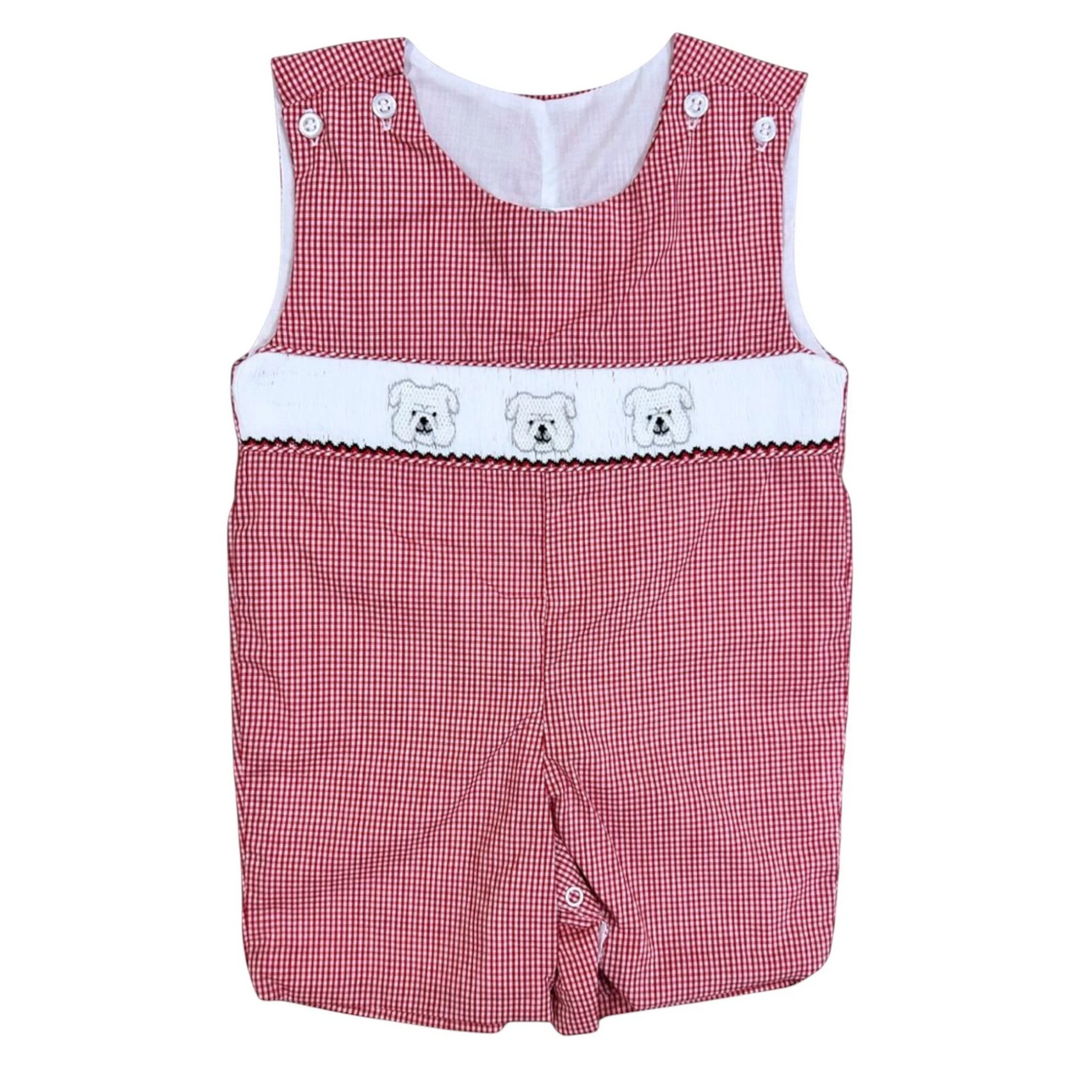 That Store boys red gingham jon jon with white smocked bulldog embroidery and button shoulder straps