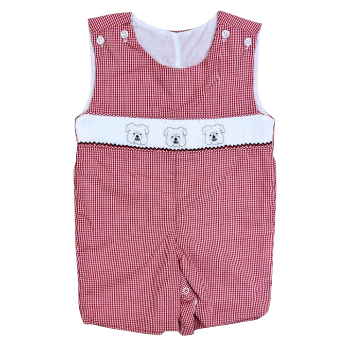 That Store boys red gingham jon jon with white smocked bulldog embroidery and button shoulder straps