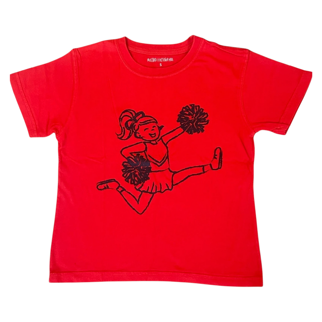That Store red short-sleeve cotton t-shirt for girls featuring a black cheerleader graphic with pom-poms