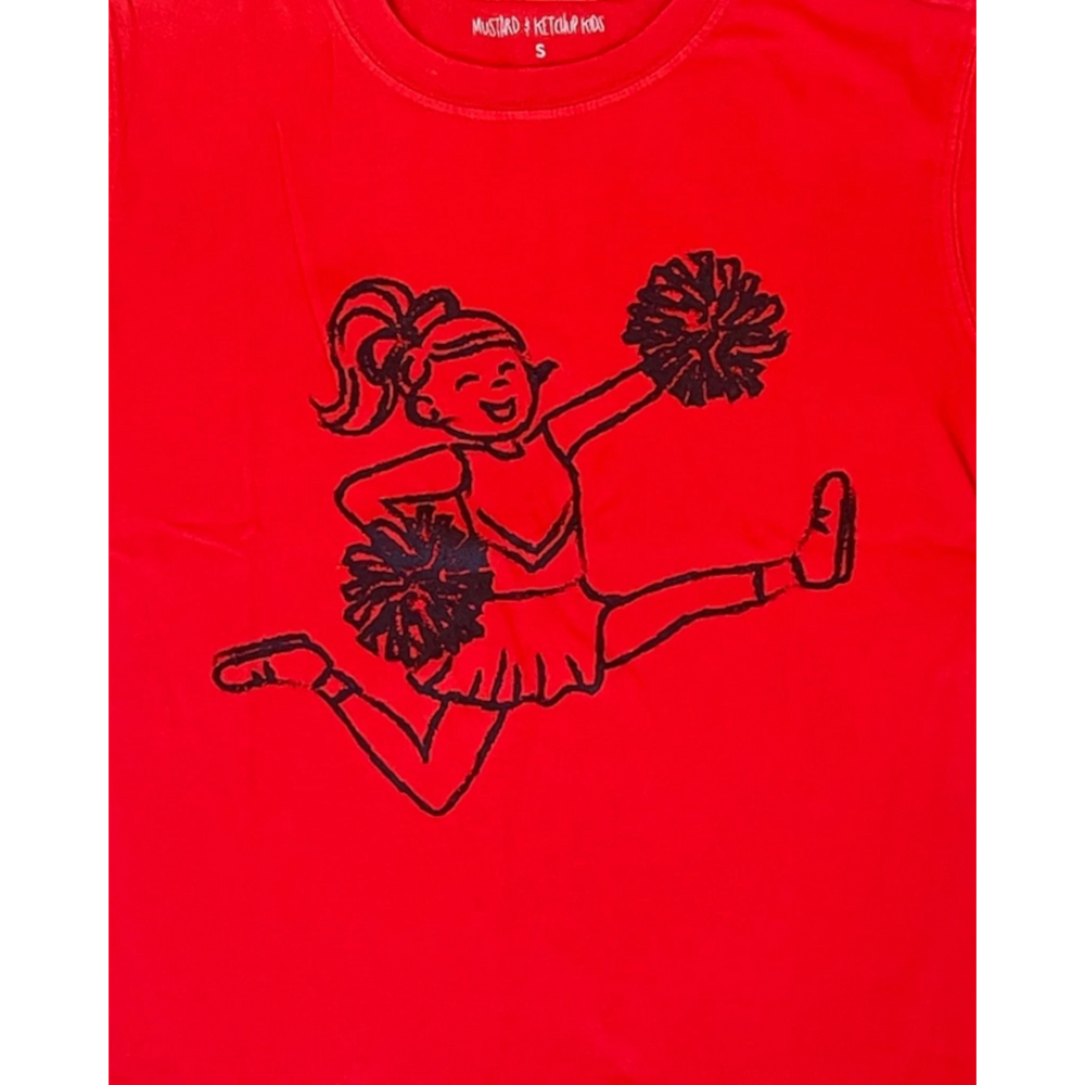 That Store red cotton girls cheerleader t-shirt with black graphic of a girl jumping with pom-poms