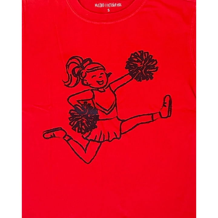 That Store red cotton girls cheerleader t-shirt with black graphic of a girl jumping with pom-poms