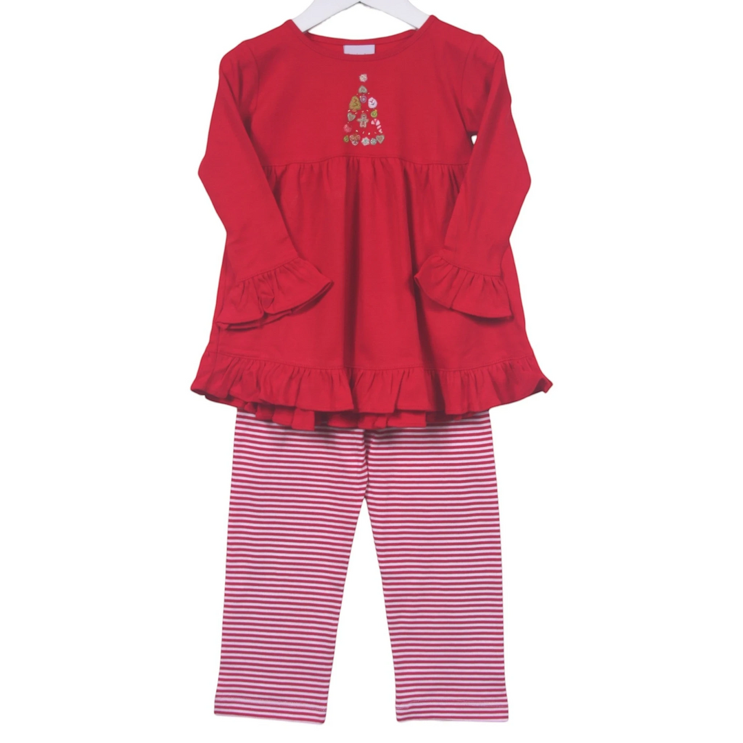 That Store girls red pima cotton tunic with Christmas tree applique and red and white striped leggings set