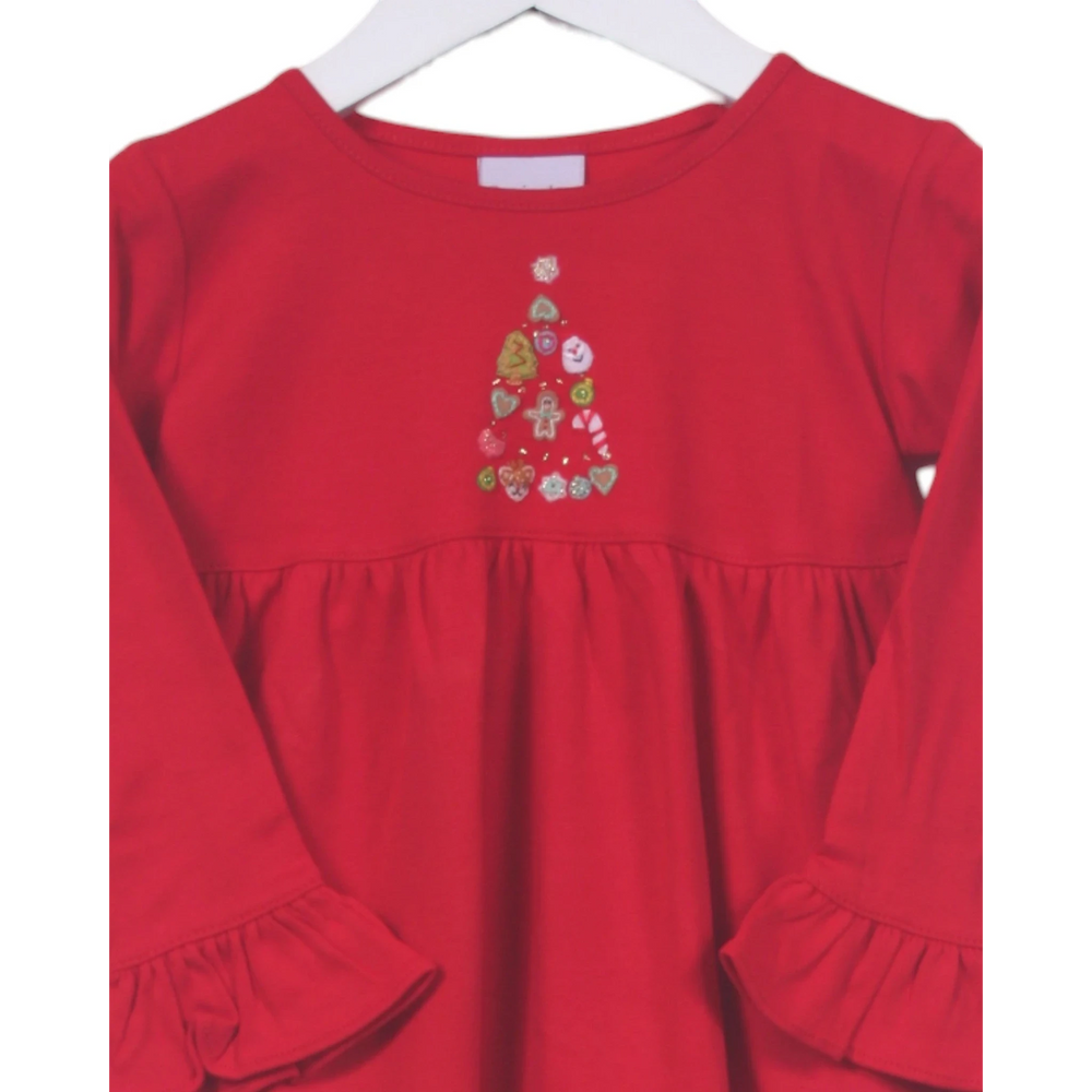 That Store red Pima cotton long-sleeve top with a festive Christmas tree felt applique and ruffled sleeve cuffs