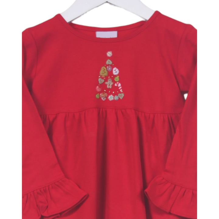 That Store red Pima cotton long-sleeve top with a festive Christmas tree felt applique and ruffled sleeve cuffs