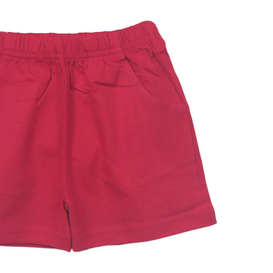 That Store red jersey boys shorts made of 100% cotton with an elastic waistband and convenient front pockets.