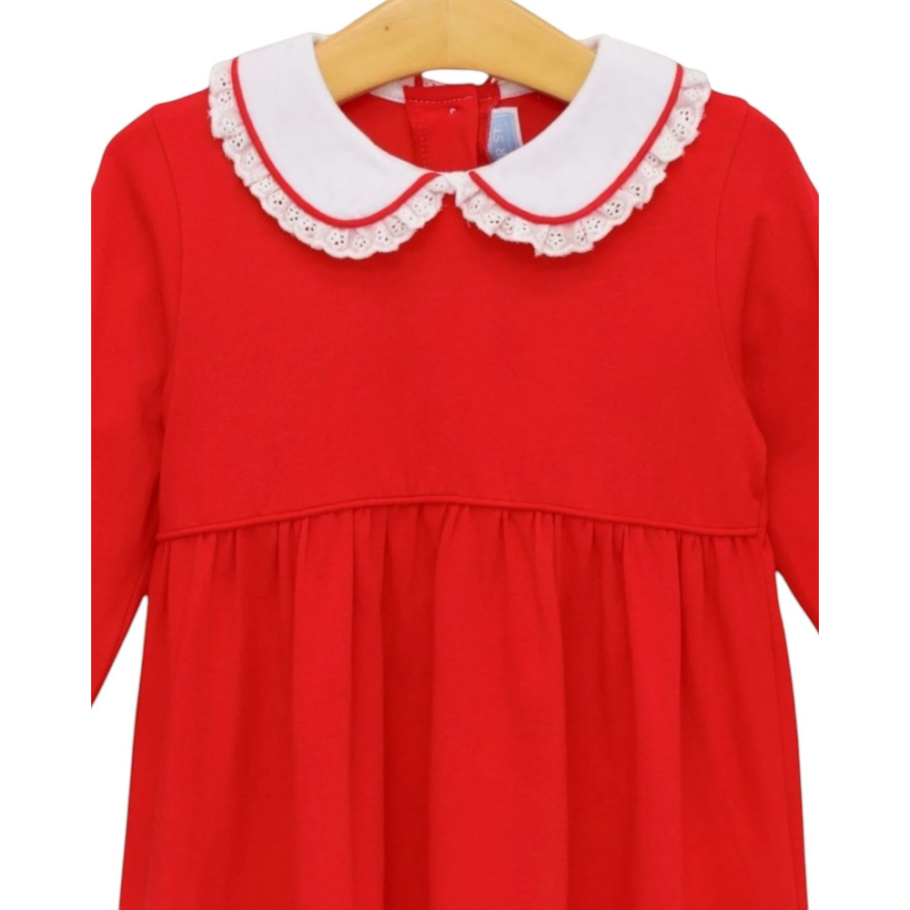 That Store red cotton Eleanor dress for girls featuring a white Peter Pan collar with delicate lace trim
