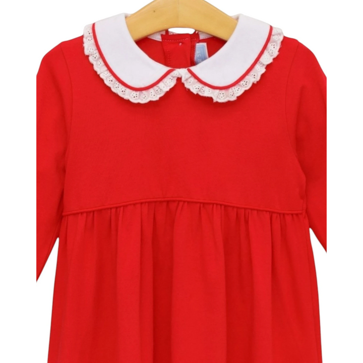 That Store red cotton Eleanor dress for girls featuring a white Peter Pan collar with delicate lace trim