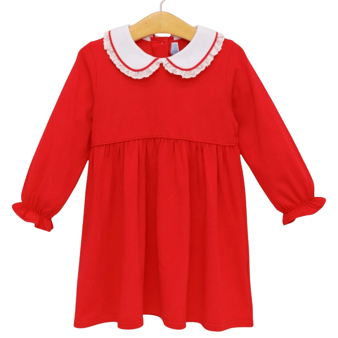 That Store red cotton Eleanor dress for girls with a white lace-trimmed Peter Pan collar and long ruffled sleeves.