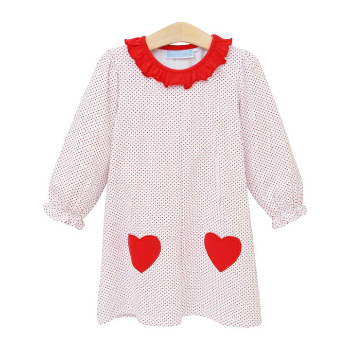 That Store red dot heart dress for girls with a ruffled collar, long sleeves, and two red heart appliqué pockets.