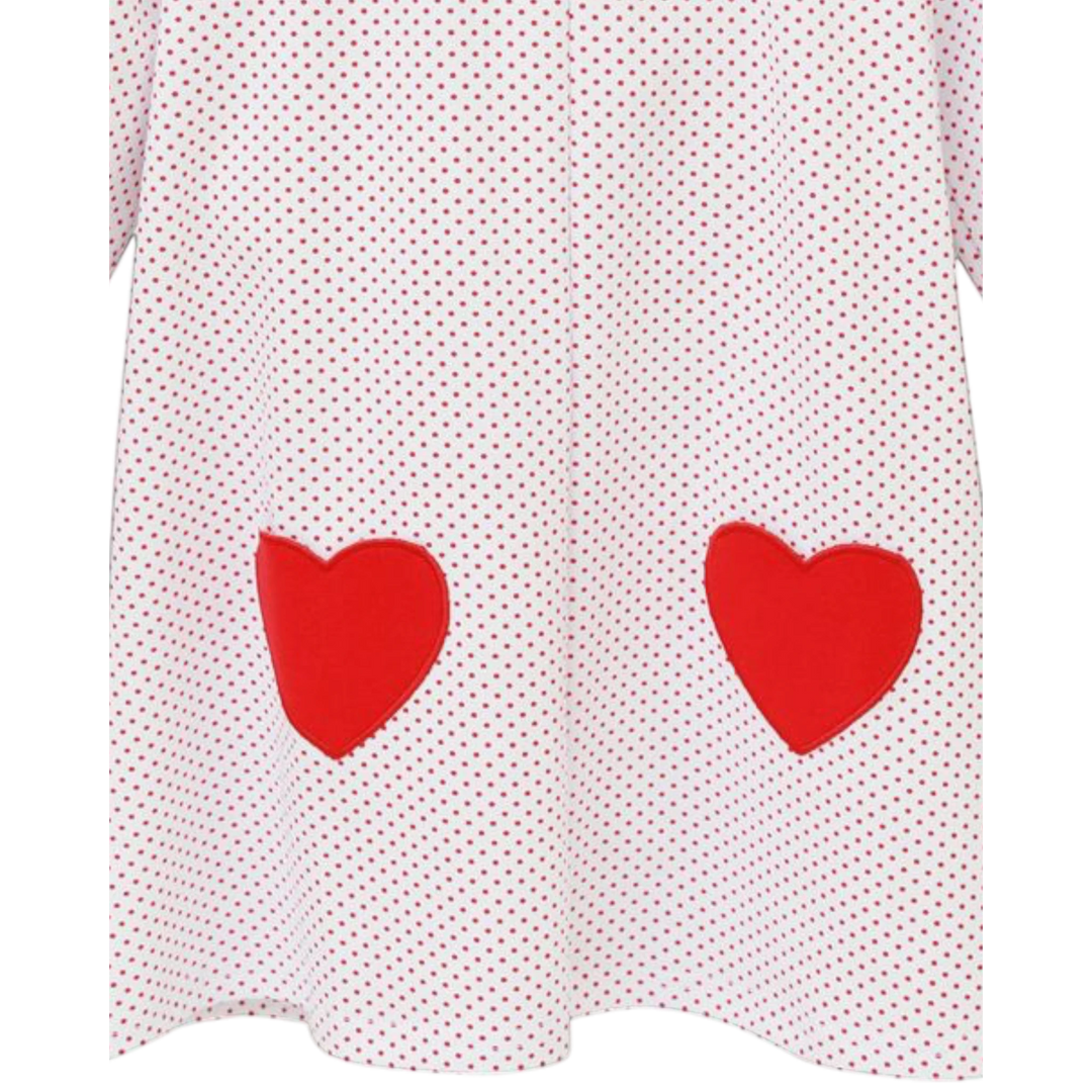 That Store white dress with red polka dots and two red heart appliqués on the front for girls.