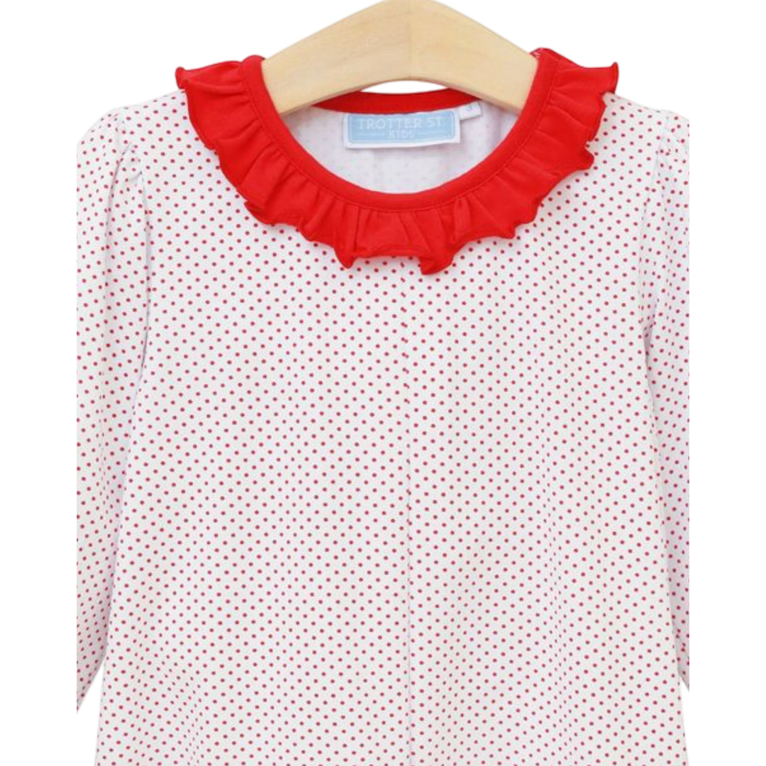 That Store red dot heart dress for girls featuring a white bodice with red polka dots and a ruffled red collar.
