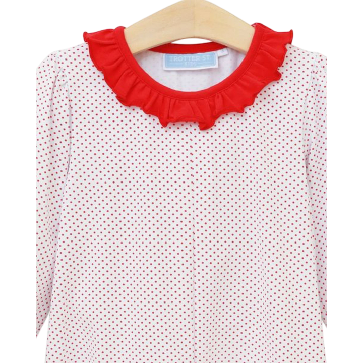 That Store red dot heart dress for girls featuring a white bodice with red polka dots and a ruffled red collar.