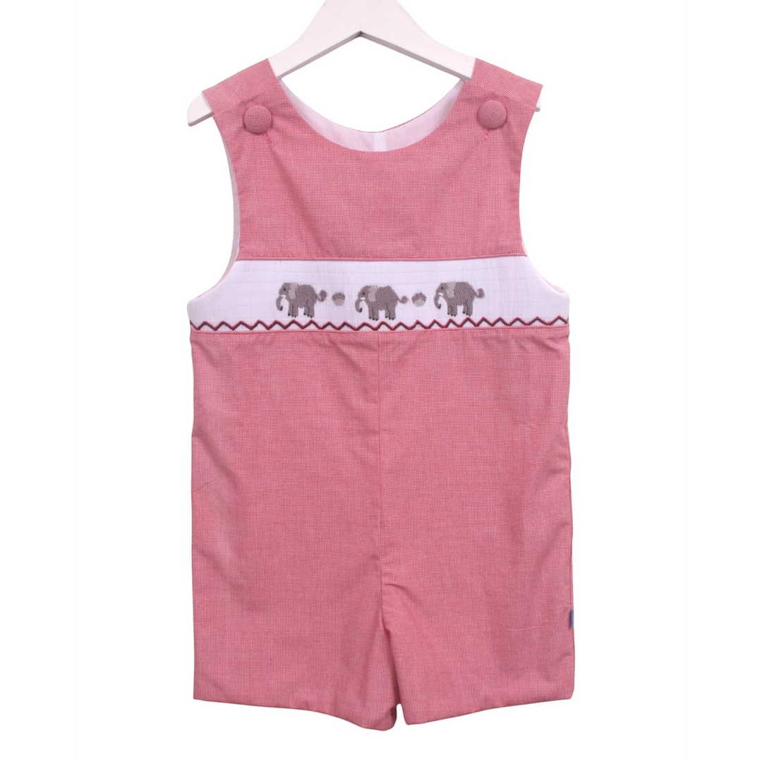 That Store red micro check jon jon with elephant smocking detail and button shoulder straps for toddlers