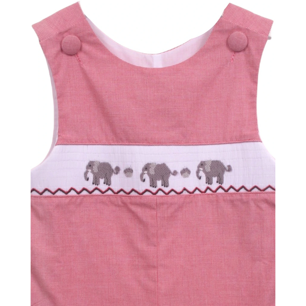 That Store red micro check jon jon with elephant smocking detail and button shoulder straps for toddlers
