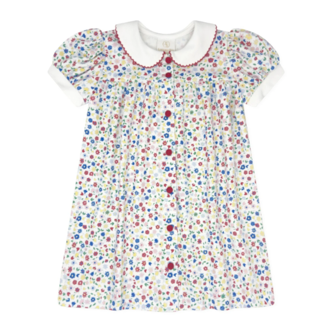 That Store red floral dress with white peter pan collar, red picot trim, and button front for little girls.