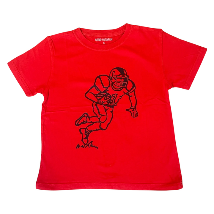 That Store red short-sleeve cotton boys t-shirt featuring a black football player graphic on the front