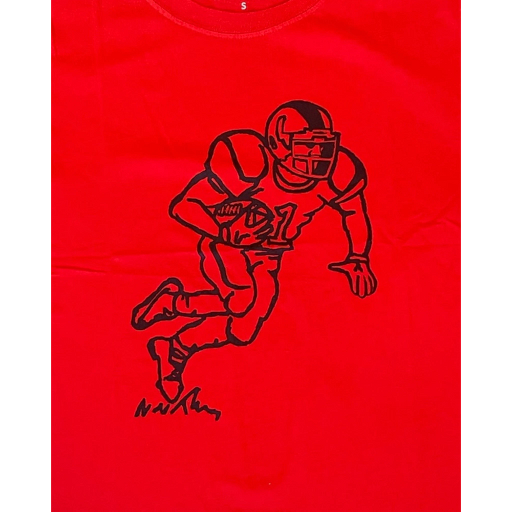 That Store red cotton boys t-shirt featuring a black graphic of a football player running with the ball