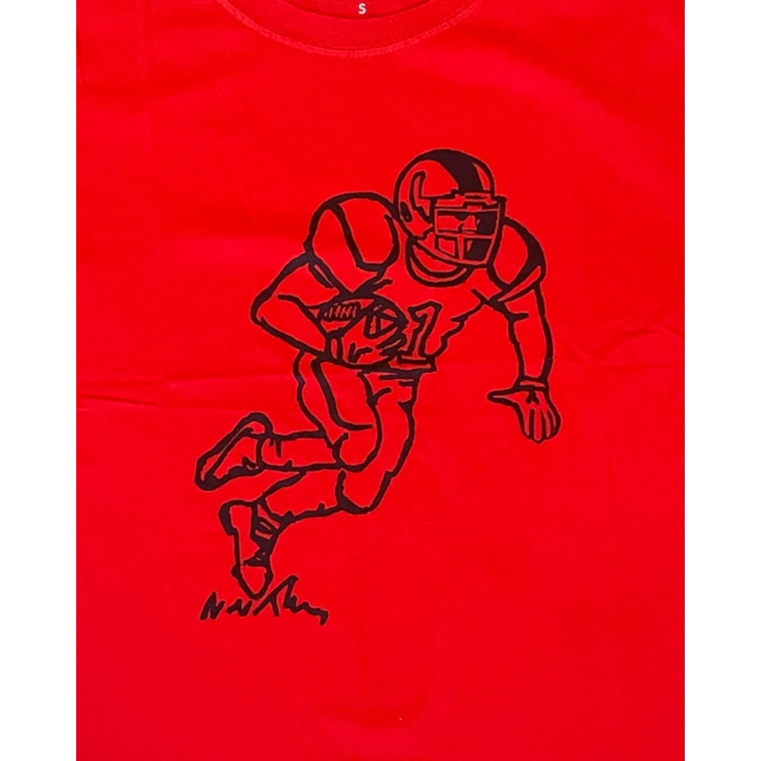 That Store red cotton boys t-shirt featuring a black graphic of a football player running with the ball
