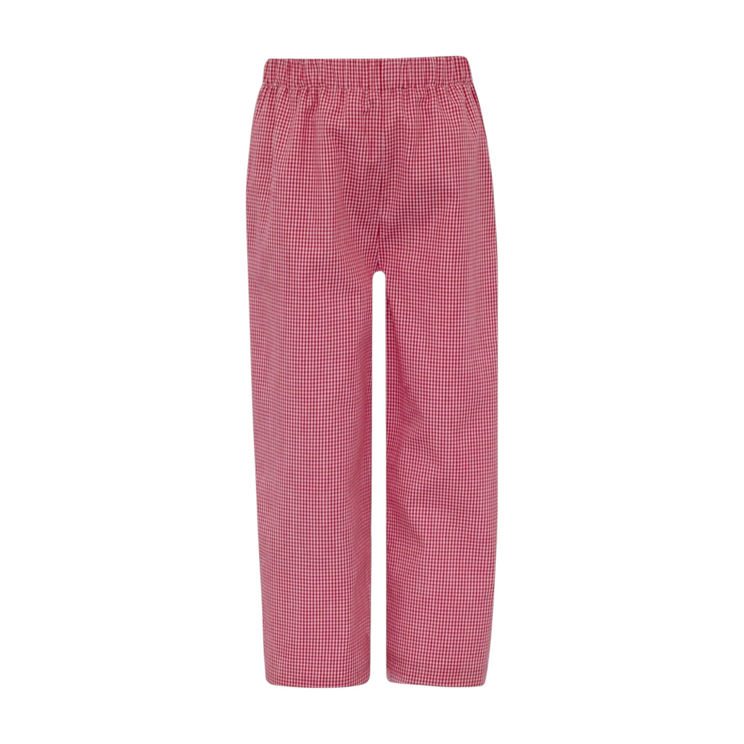 That Store boys pants in red and white gingham check pattern with a comfortable elastic waistband.
