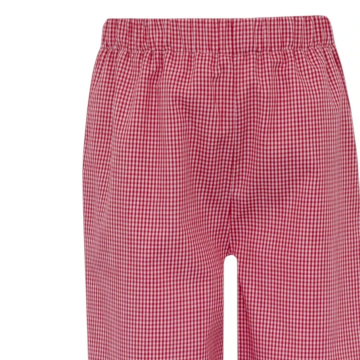 That Store boys pants in red and white gingham check with a comfortable elastic waistband for a classic fall look.