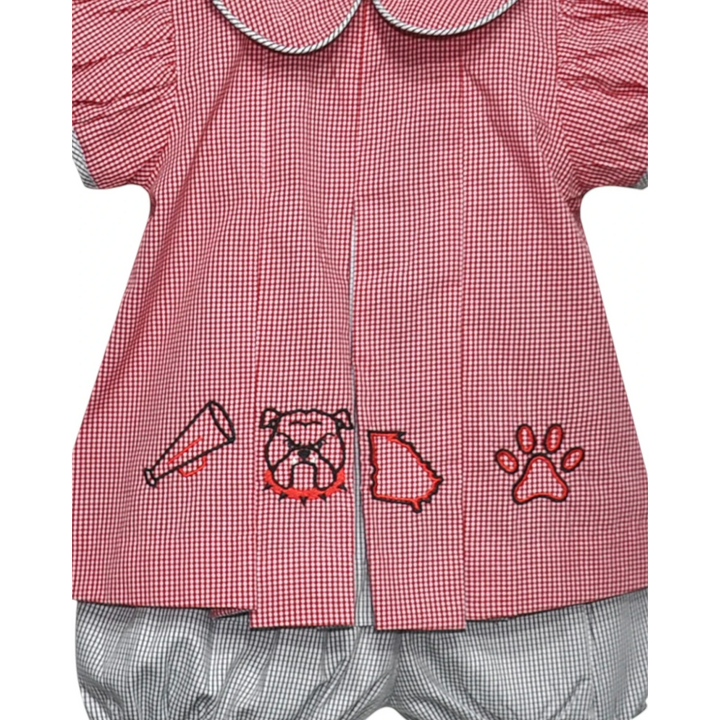 That Store toddler bloomer set featuring a red gingham pleated top with bulldog and gameday embroidery