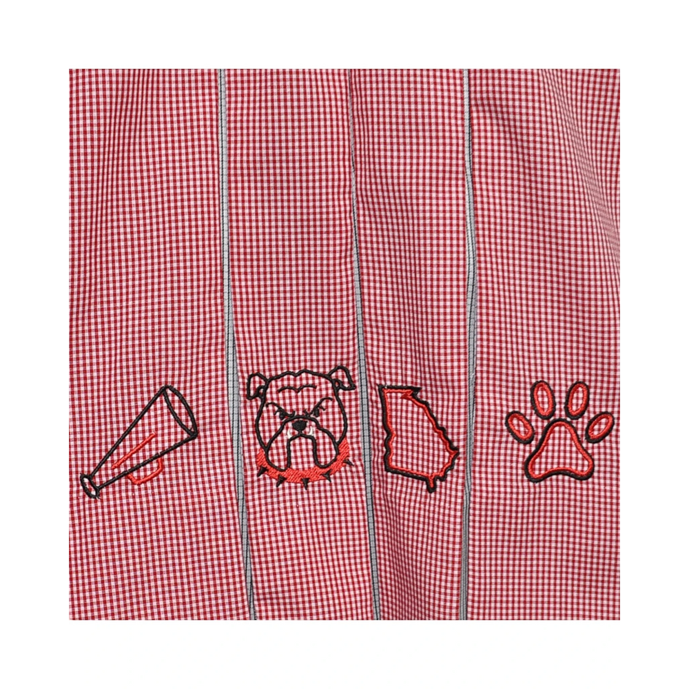 That Store red gingham pleated dress featuring embroidered bulldog, megaphone, state, and paw print details.